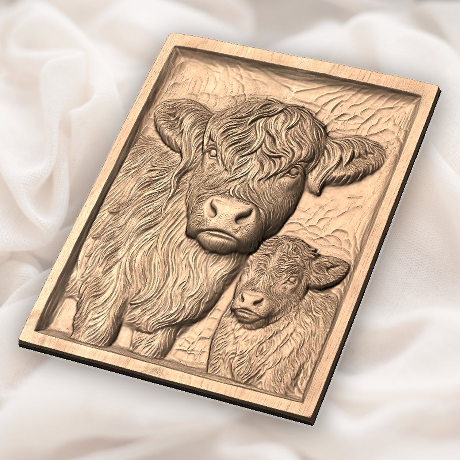 Highland Cow and Calf Family CNC Relief STL bas-relief STL — view 5