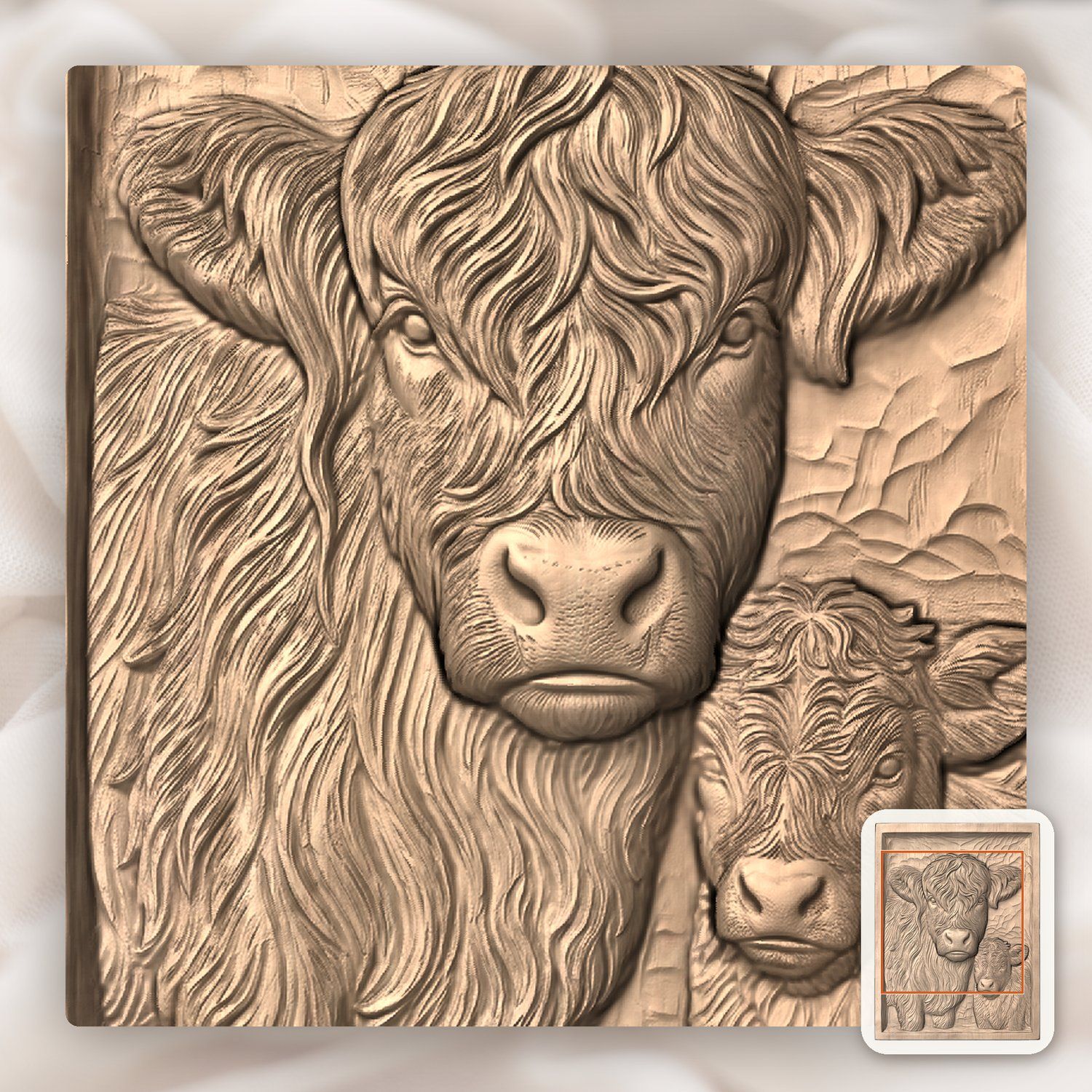 Highland Cow and Calf Family CNC Relief STL bas-relief STL — view 6