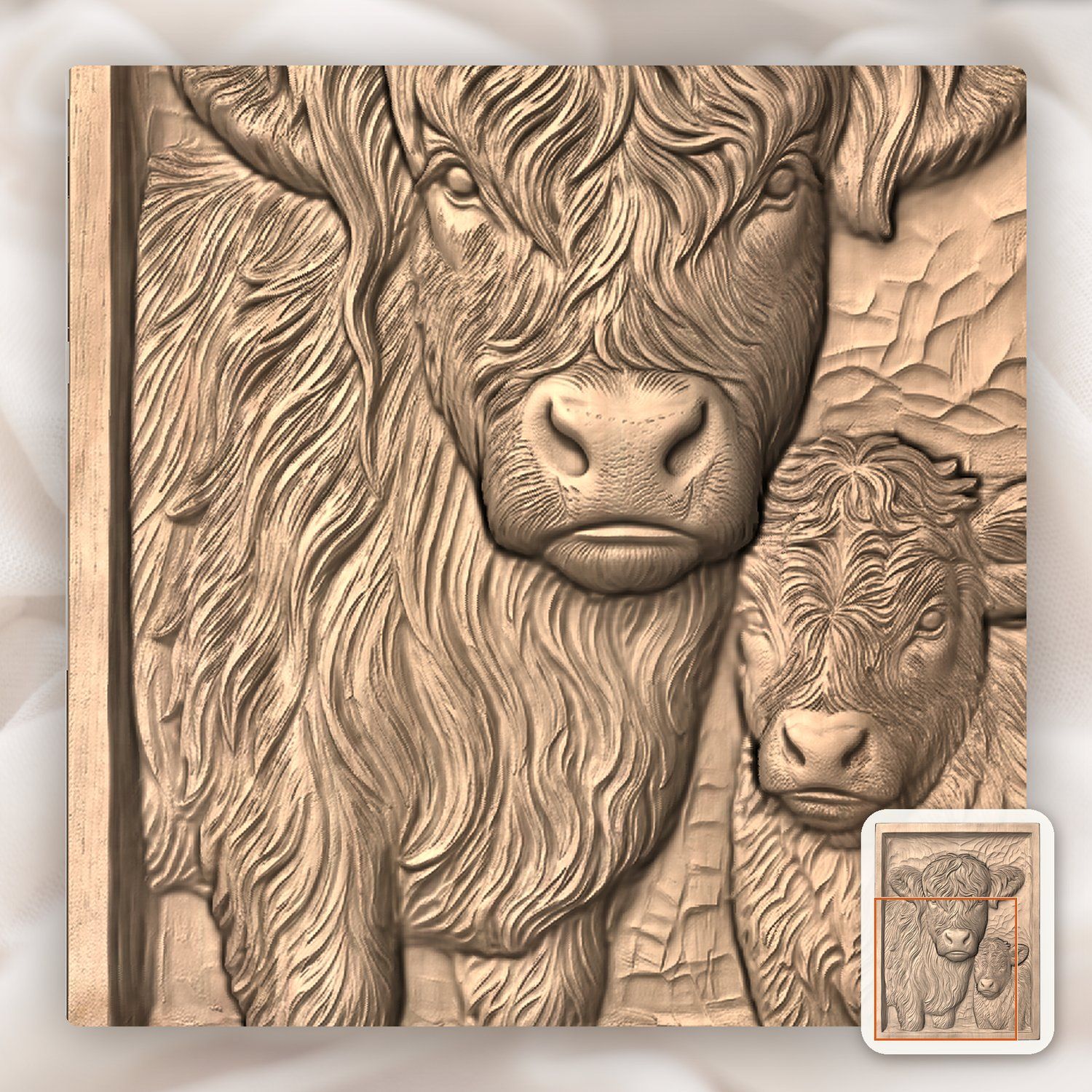 Highland Cow and Calf Family CNC Relief STL bas-relief STL — view 7