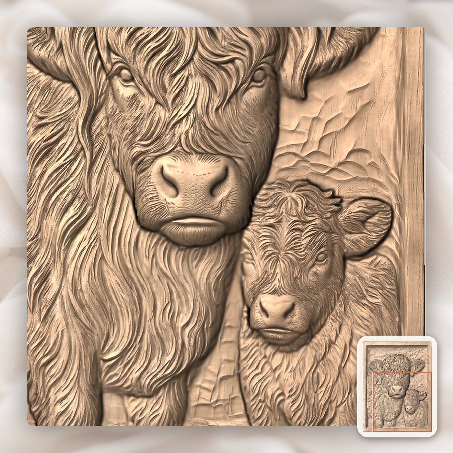 Highland Cow and Calf Family CNC Relief STL bas-relief STL — view 9