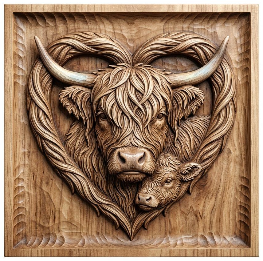 Highland Cow and Calf Heart CNC Relief STL | Rustic Farmhouse Wall Art Panel | Aspire VCarve Carveco — carved bas relief STL file for CNC