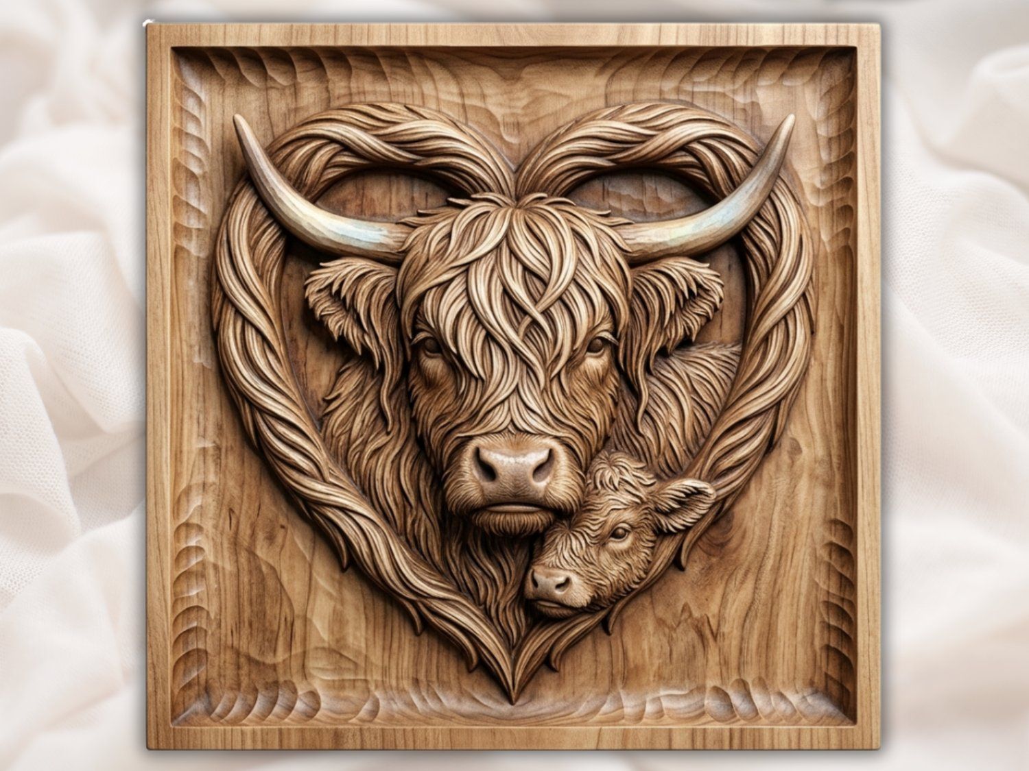 Highland Cow and Calf Heart CNC Relief STL bas-relief STL — view 2