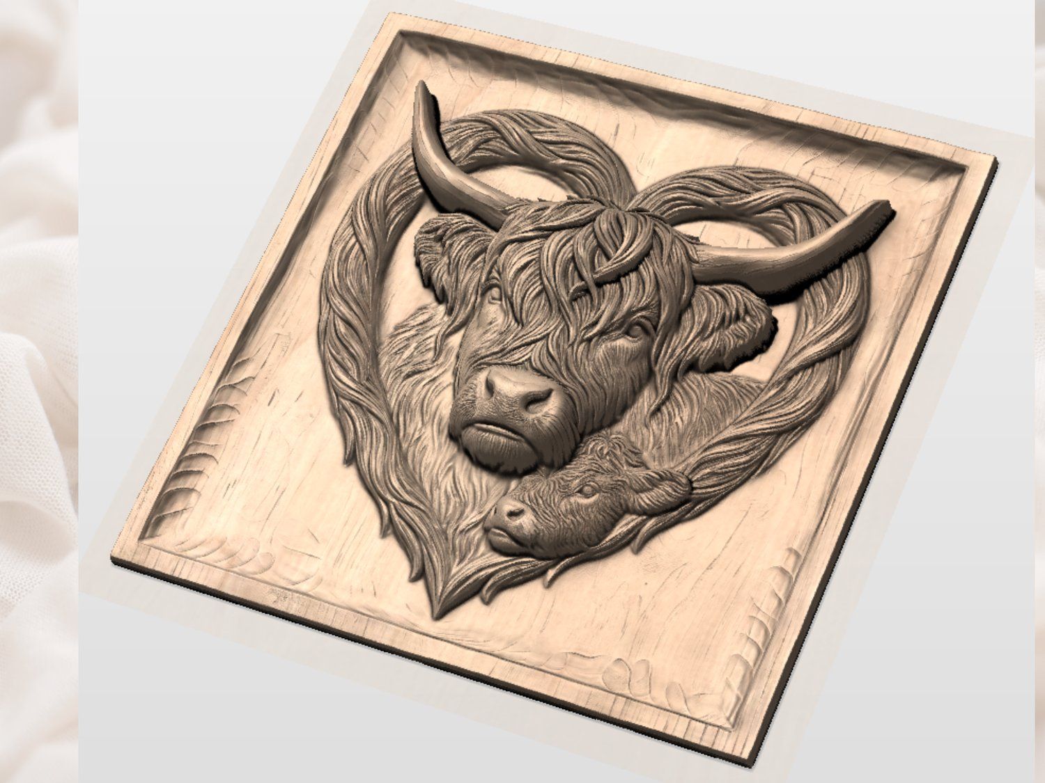 Highland Cow and Calf Heart CNC Relief STL bas-relief STL — view 3