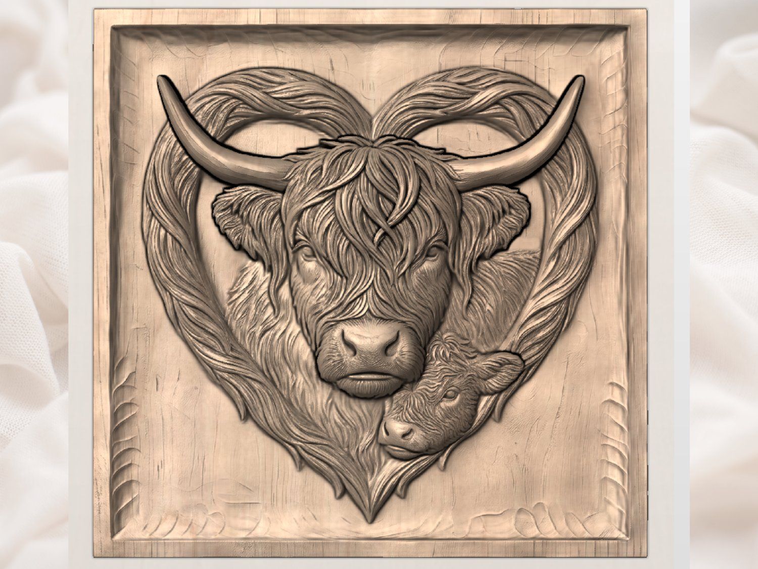 Highland Cow and Calf Heart CNC Relief STL bas-relief STL — view 4