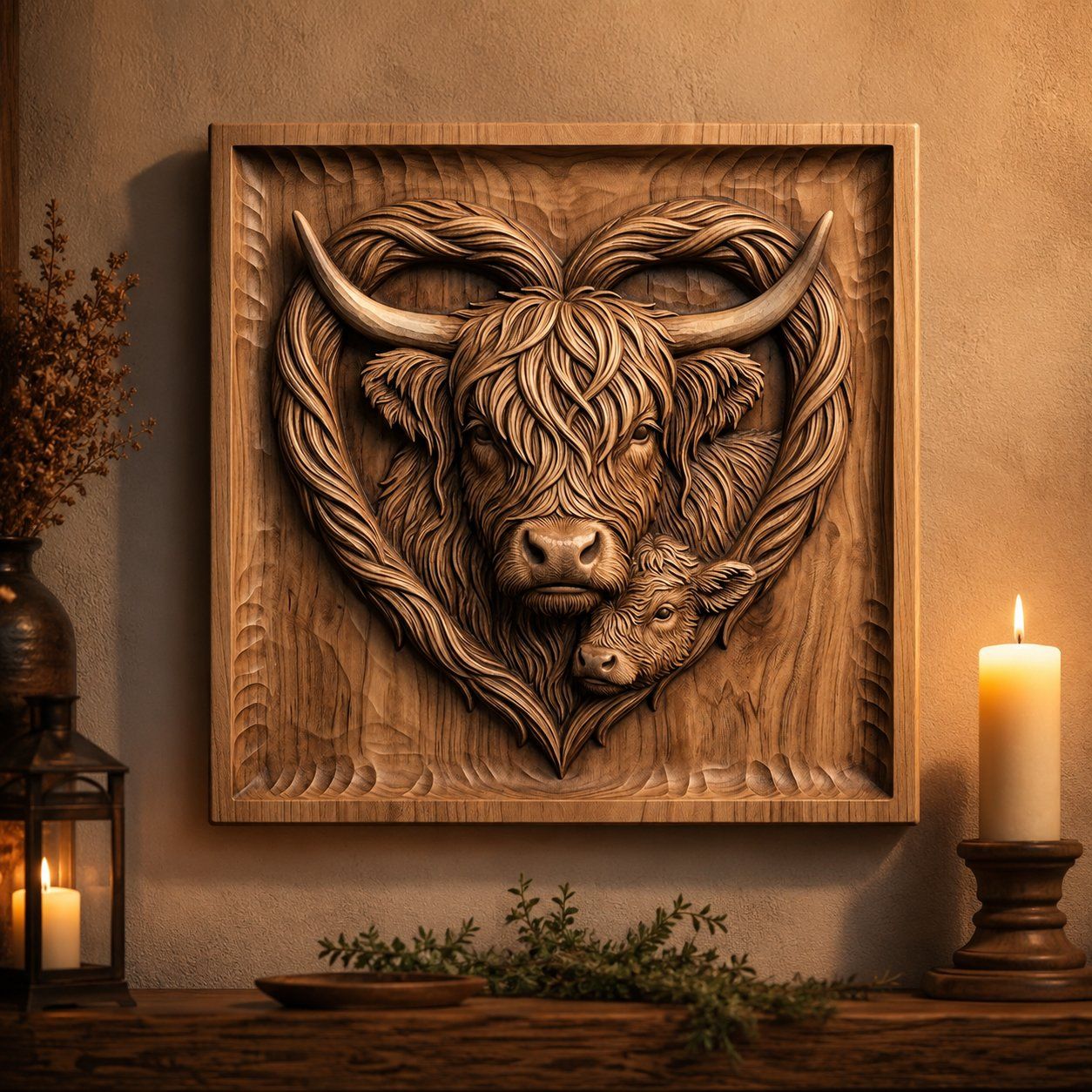 Highland Cow and Calf Heart CNC Relief STL bas-relief STL — view 5