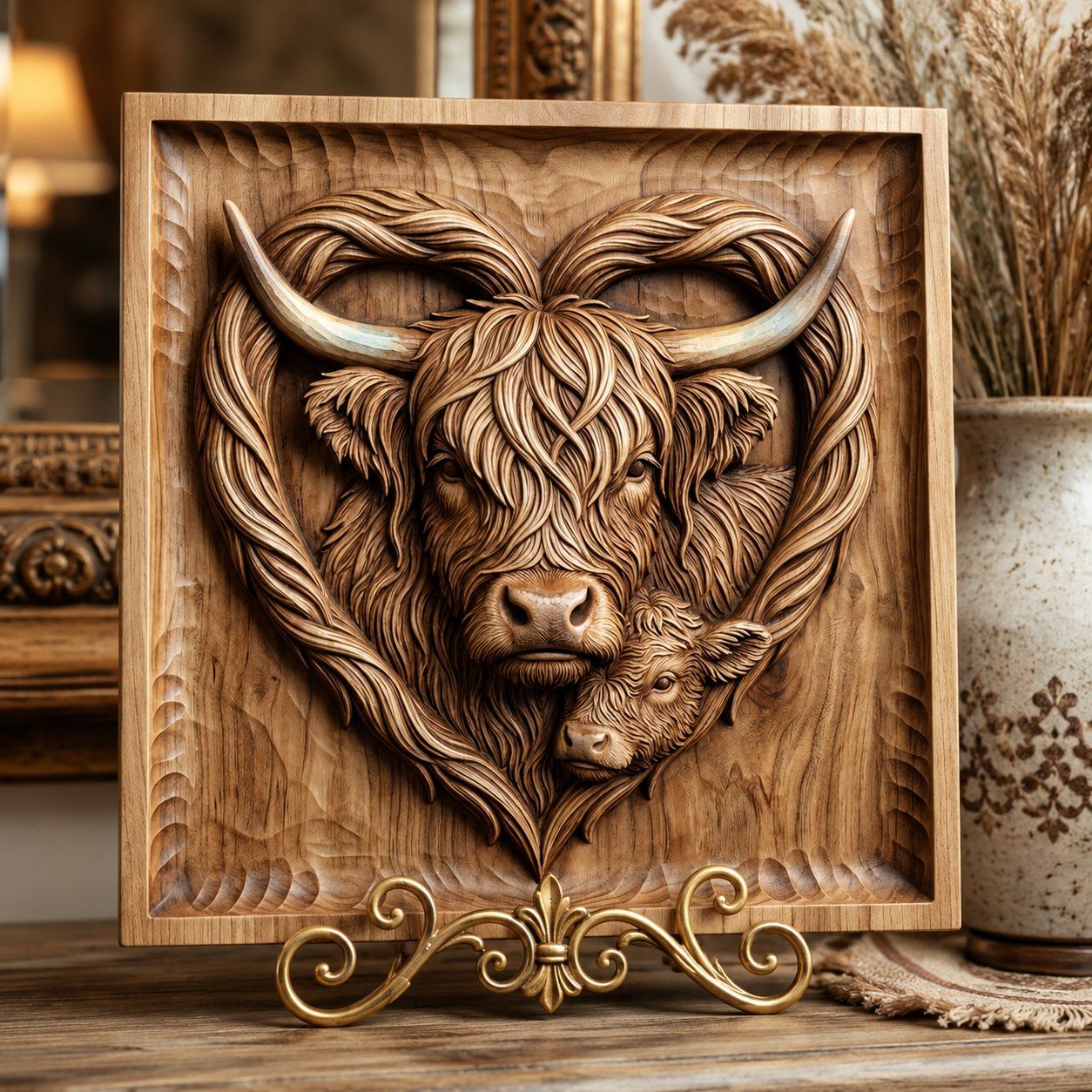 Highland Cow and Calf Heart CNC Relief STL bas-relief STL — view 6