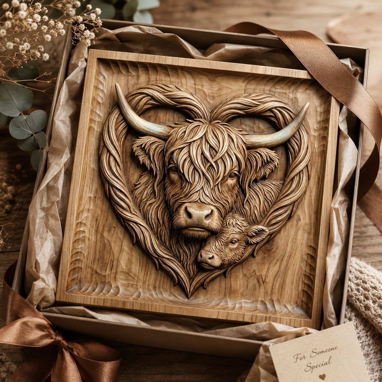 Highland Cow and Calf Heart CNC Relief STL bas-relief STL — view 8