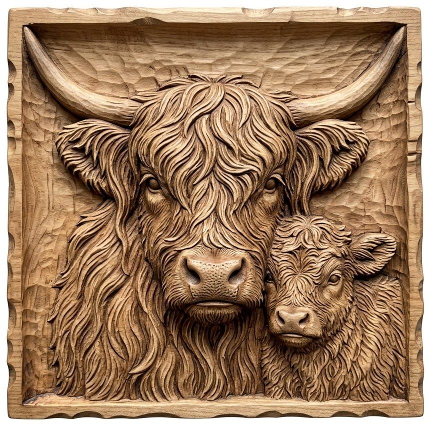 Highland Cow and Calf Motherhood CNC Relief STL | Scottish Cattle Wood Carving Design | Farmhouse Wall Art Panel — carved bas relief STL file for CNC