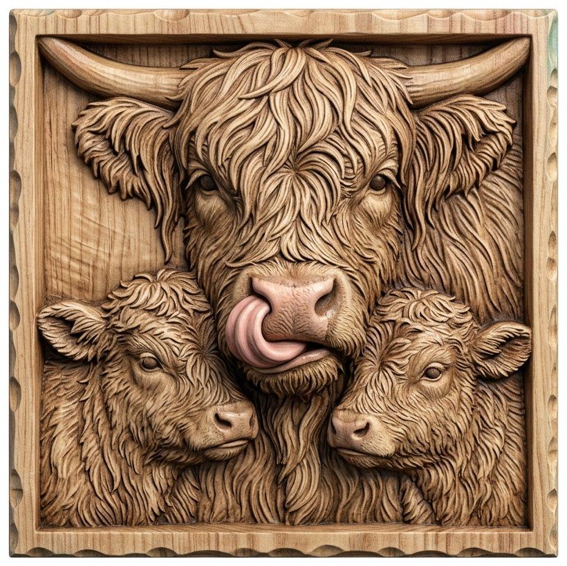 Highland Cow and Calves Motherhood Scene CNC Relief STL | Rustic Farmhouse Wall Art Panel | Cattle Wood Carving Design — carved bas relief STL file for CNC
