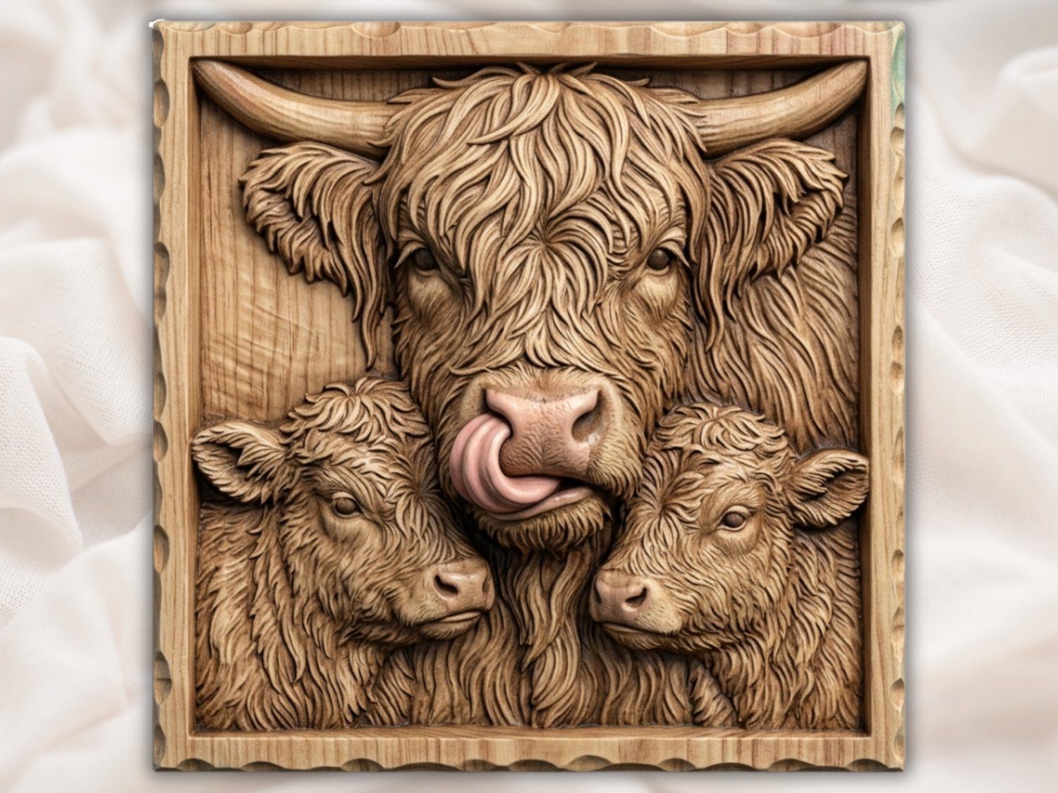 Highland Cow and Calves Motherhood Scene CNC Relief STL bas-relief STL — view 2