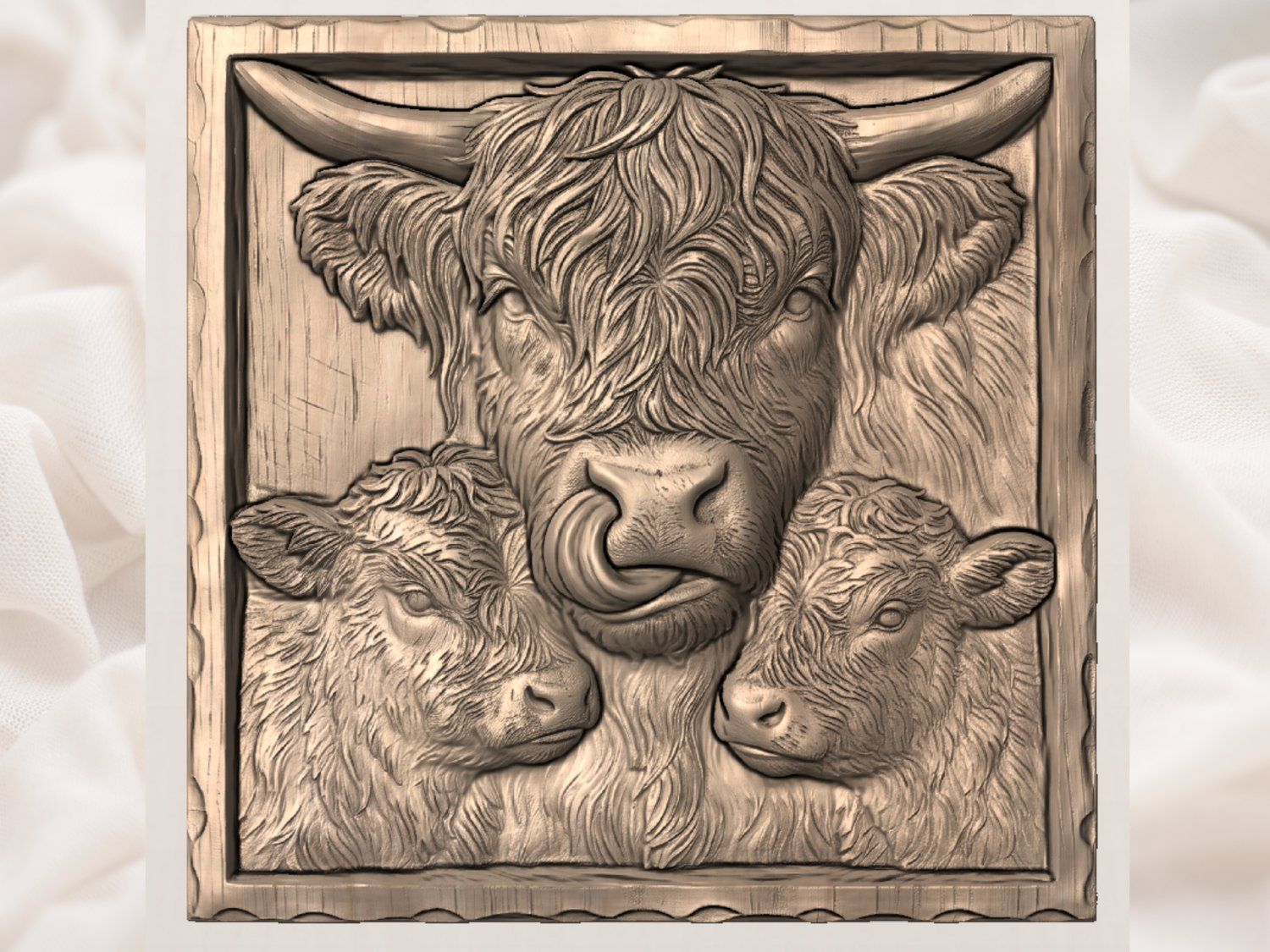 Highland Cow and Calves Motherhood Scene CNC Relief STL bas-relief STL — view 3