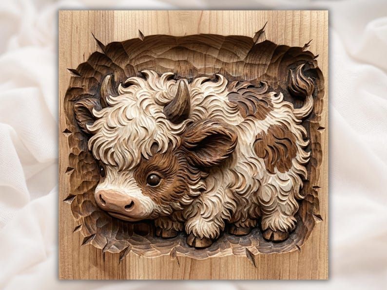Carved wood bas-relief of a fluffy Highland cow calf lying down with shaggy fur and small horns