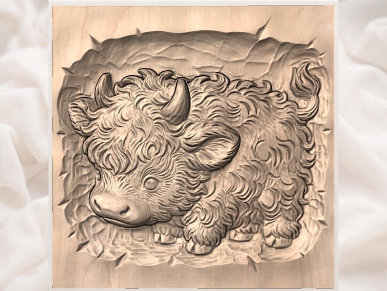 Fluffy Highland Cow Calf Bas-Relief STL for CNC Carving bas-relief STL — view 3