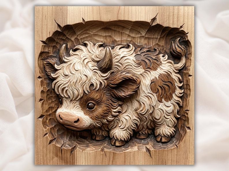 Fluffy Highland Cow Calf Bas-Relief STL for CNC Carving bas-relief STL design