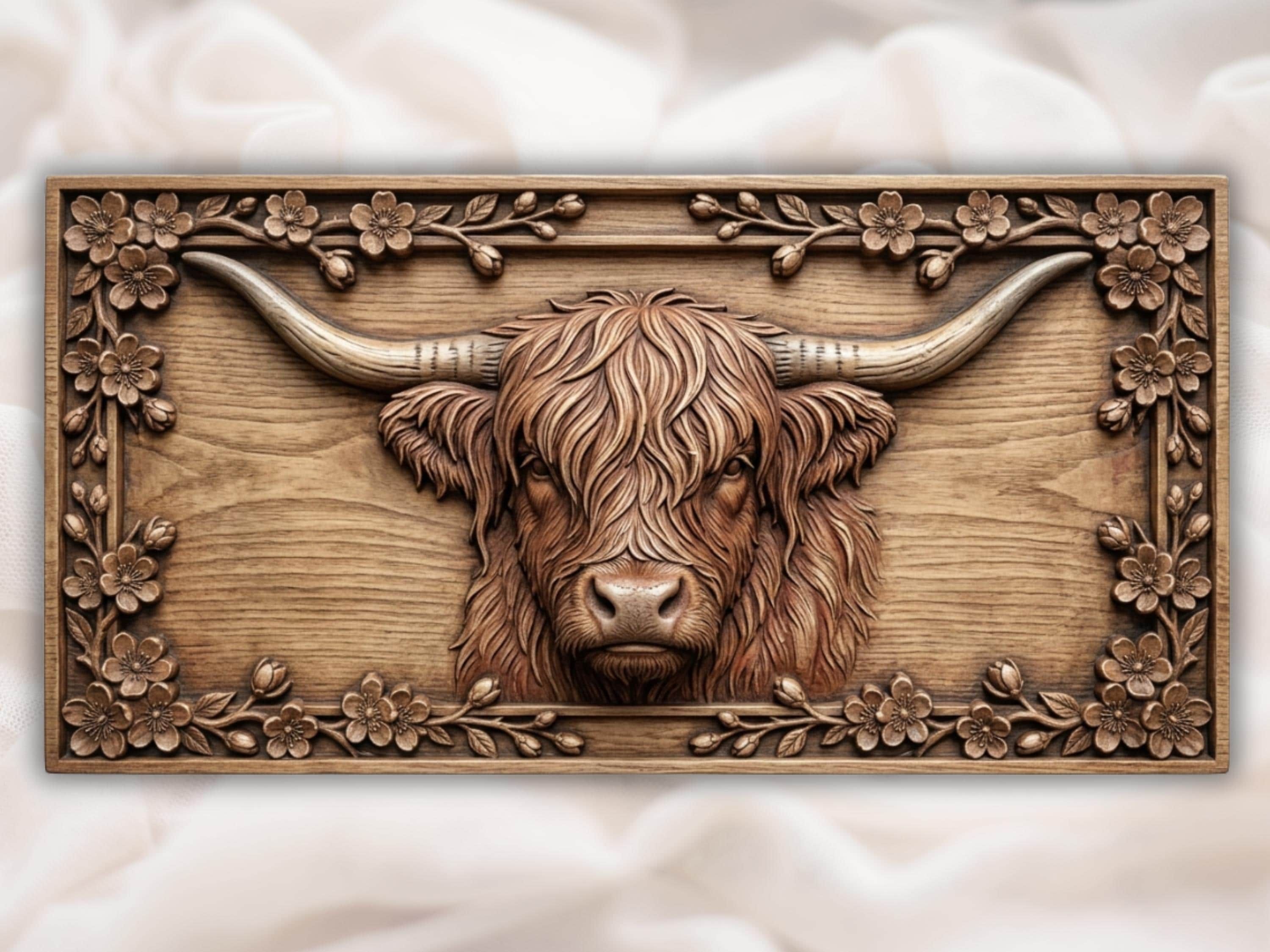 Highland Cow CNC STL File for Wood Carving - Shaggy Bull 3D Bas Relief - Farmhouse Wall Art Decor bas-relief STL file for CNC router, laser engraver & 3D printing