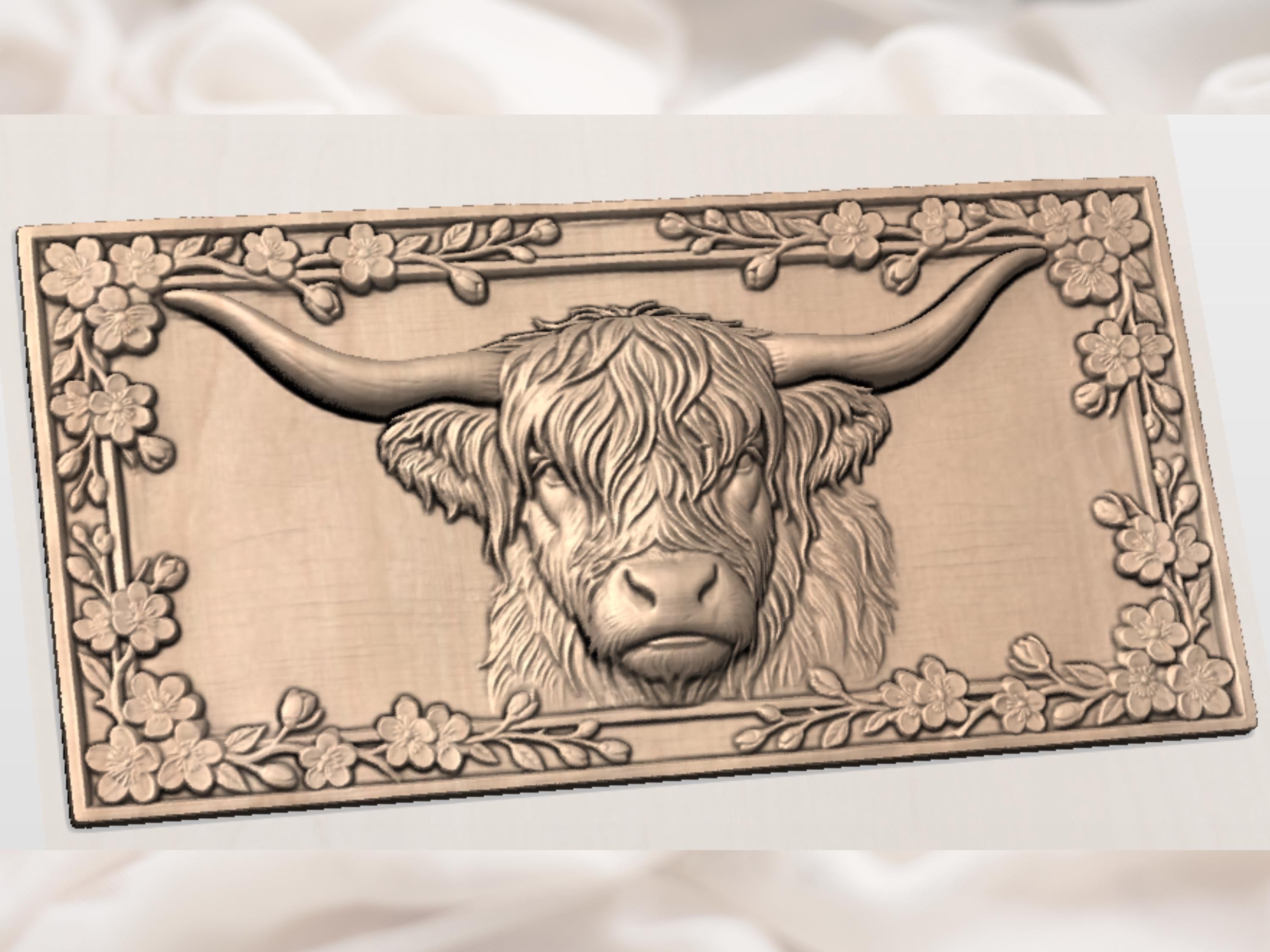 Highland Cow CNC STL File for Wood Carving - Shaggy Bull 3D Bas Relief - Farmhouse Wall Art Decor bas-relief STL — view 2
