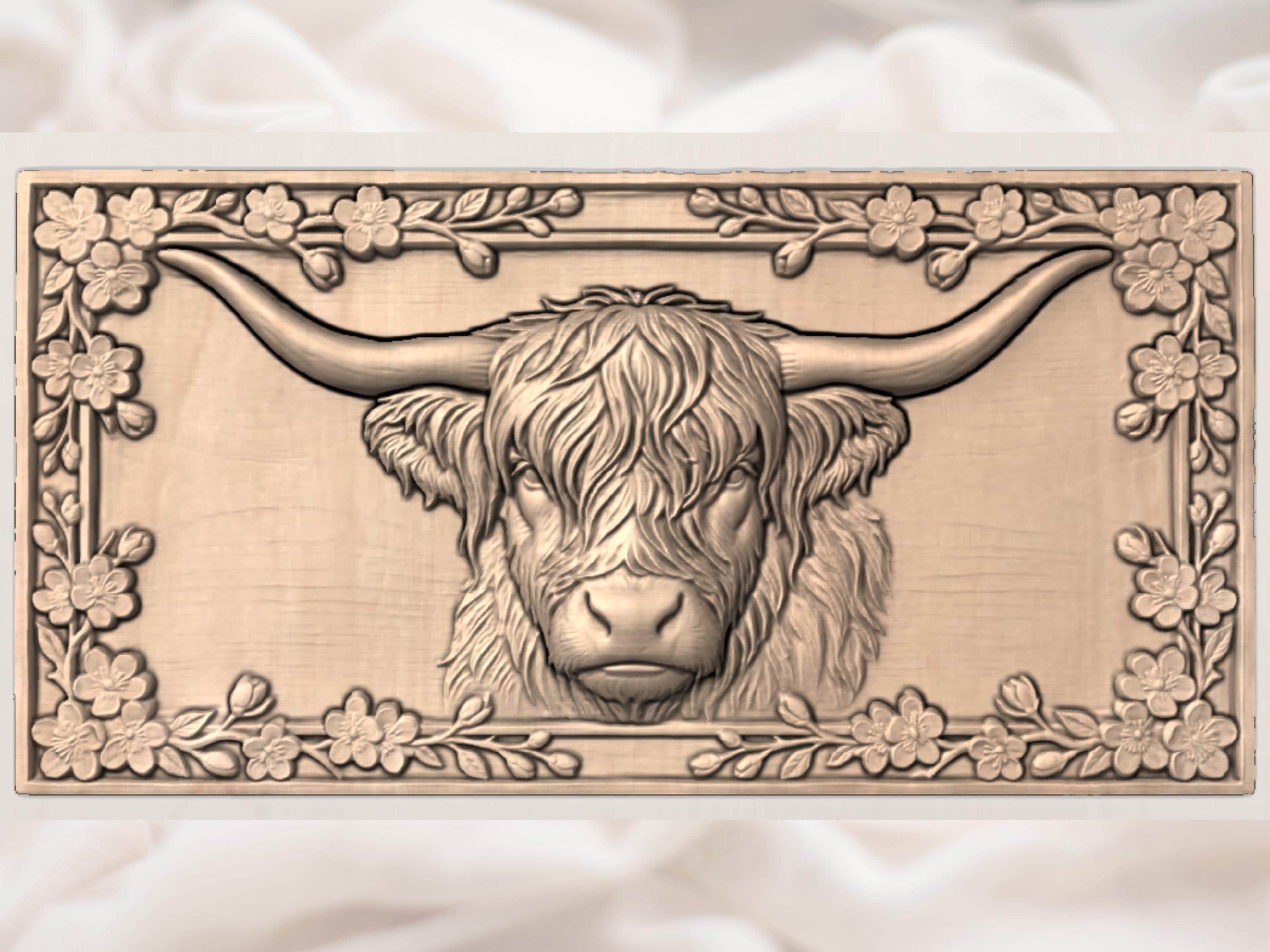 Highland Cow CNC STL File for Wood Carving - Shaggy Bull 3D Bas Relief - Farmhouse Wall Art Decor bas-relief STL — view 3