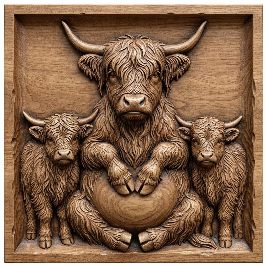 Highland Cow Family Farmhouse Decor CNC Relief STL | Rustic Wood Carving Design | Western Wildlife Wall Art Panel — carved bas relief STL file for CNC