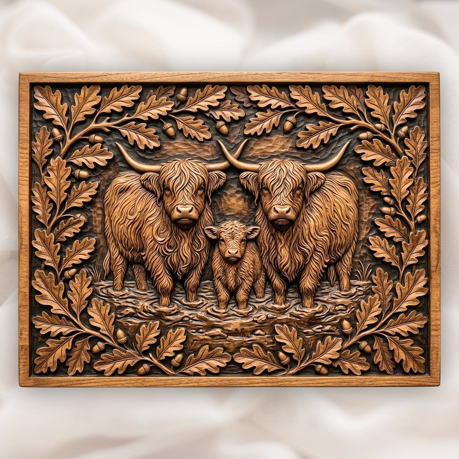 Highland Cow Family Oak Border CNC Relief STL bas-relief STL design