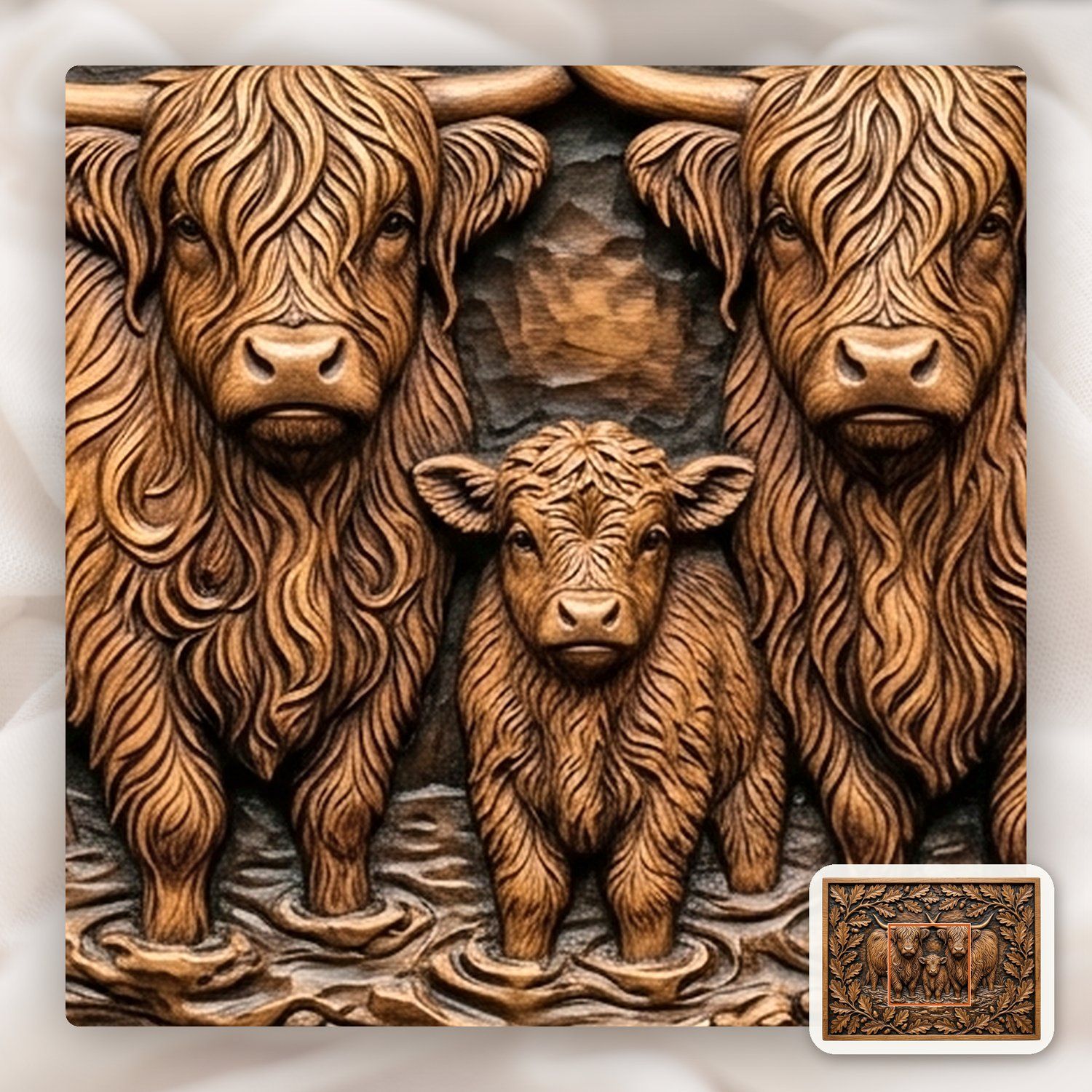 Highland Cow Family Oak Border CNC Relief STL bas-relief STL — view 11