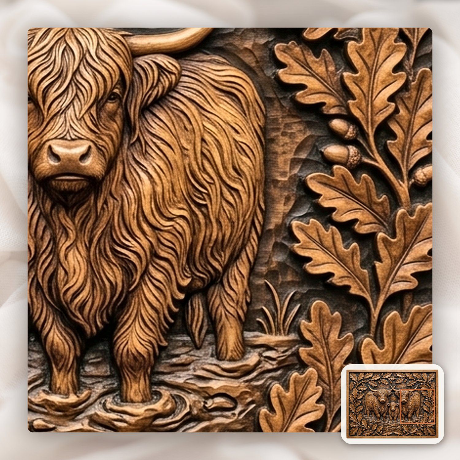 Highland Cow Family Oak Border CNC Relief STL bas-relief STL — view 12
