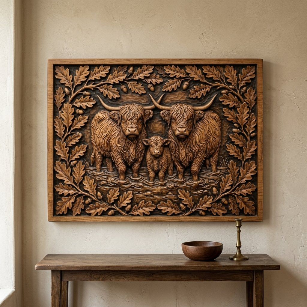 Highland Cow Family Oak Border CNC Relief STL bas-relief STL — view 13