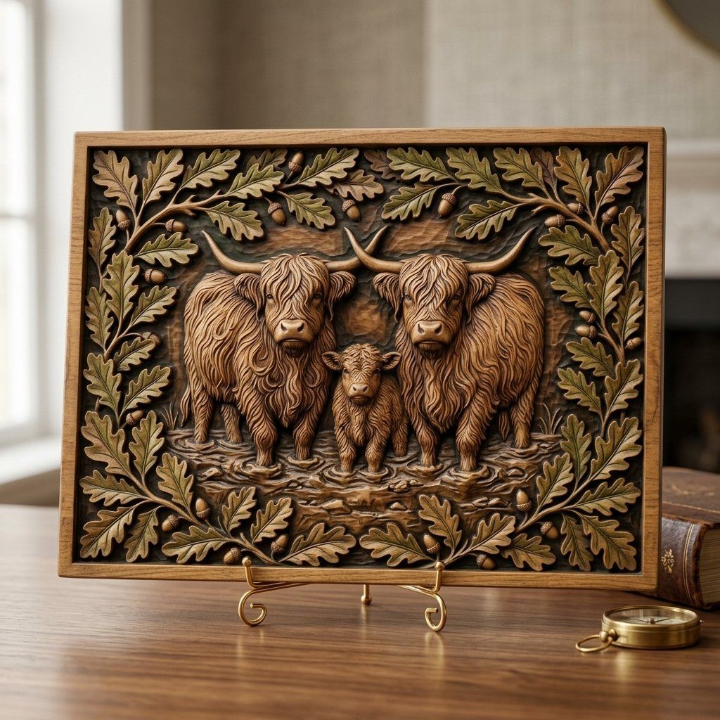 Highland Cow Family Oak Border CNC Relief STL bas-relief STL — view 7