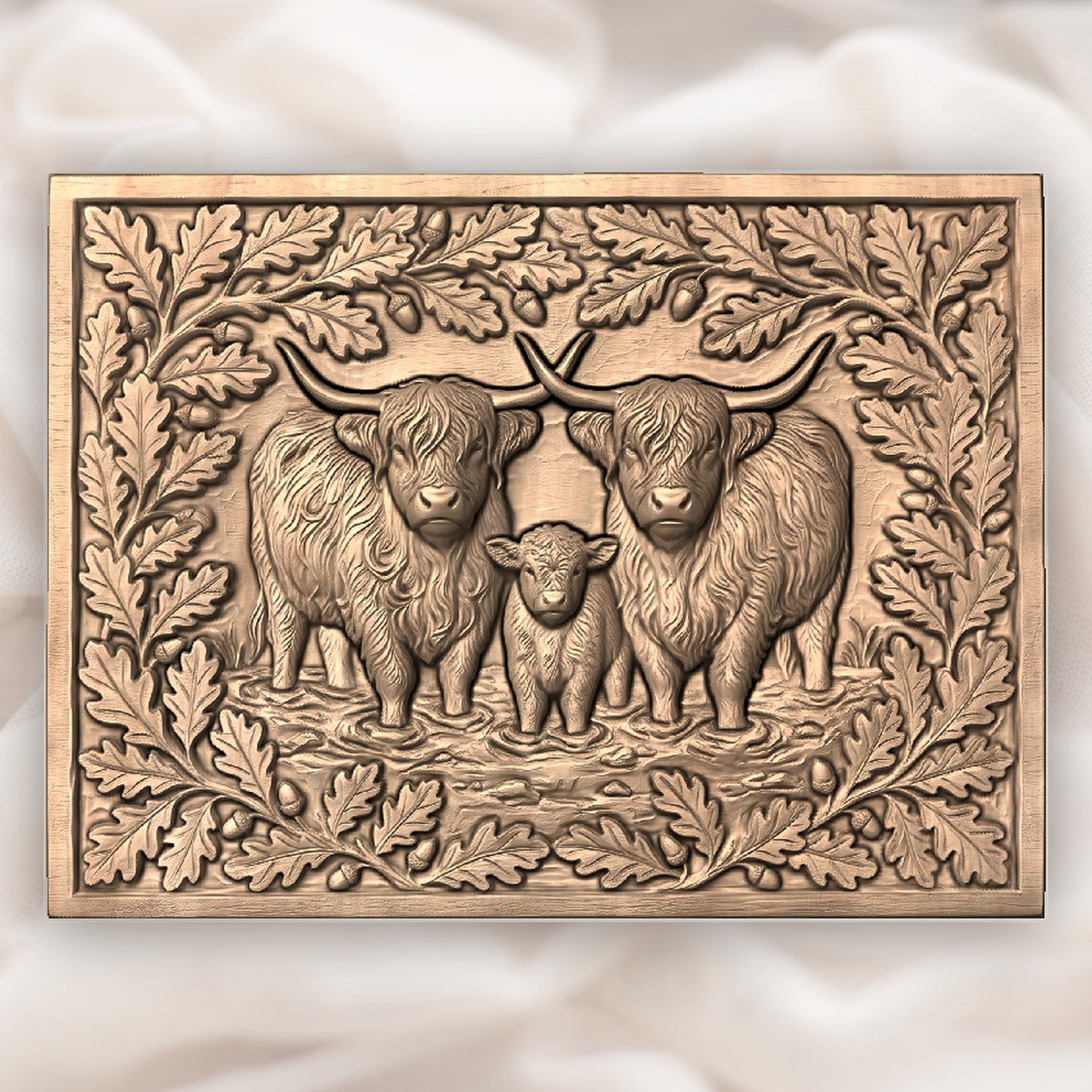 Highland Cow Family Oak Border CNC Relief STL bas-relief STL — view 3