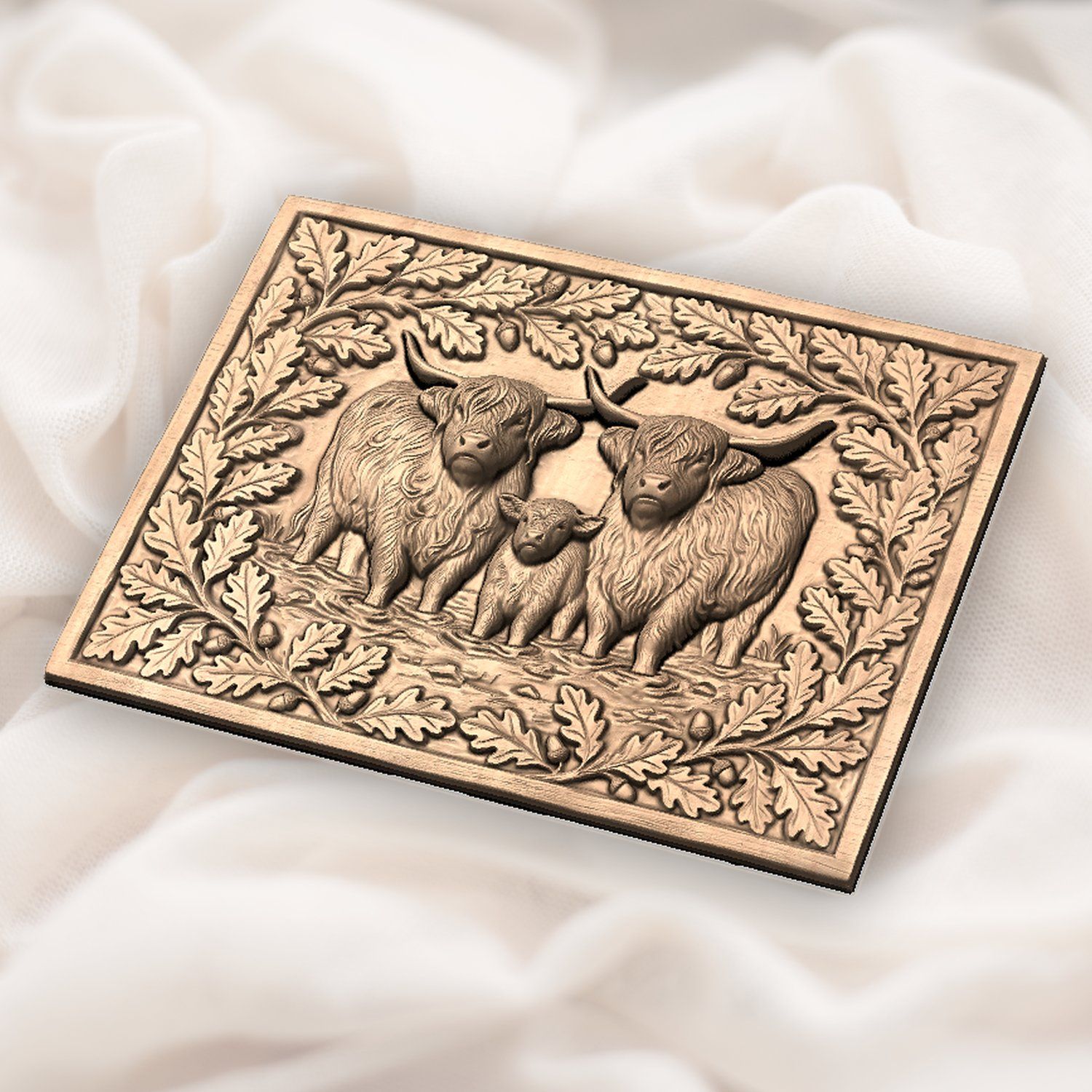 Highland Cow Family Oak Border CNC Relief STL bas-relief STL — view 4