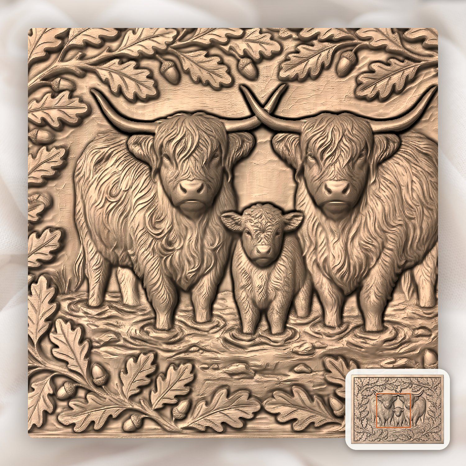Highland Cow Family Oak Border CNC Relief STL bas-relief STL — view 5