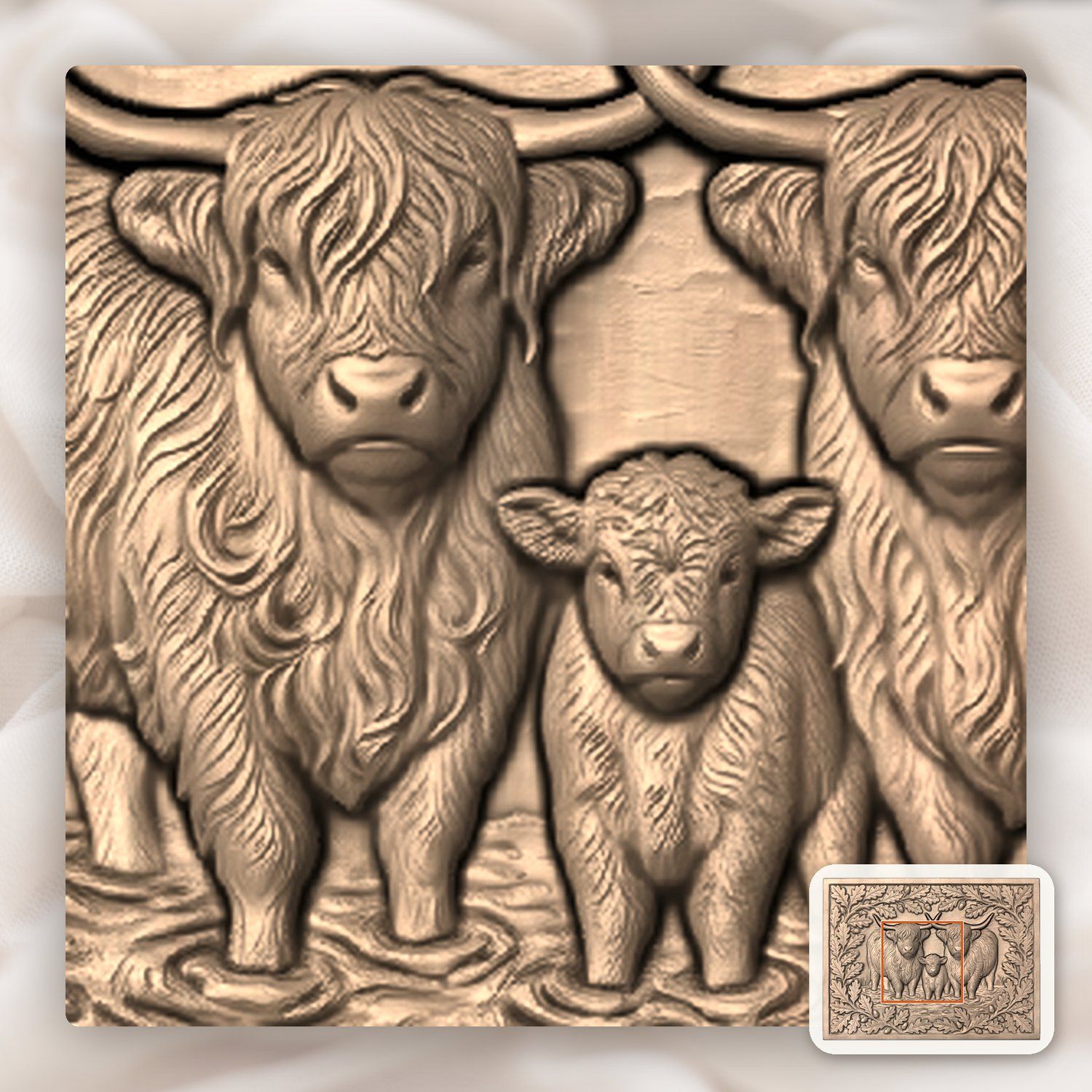 Highland Cow Family Oak Border CNC Relief STL bas-relief STL — view 6