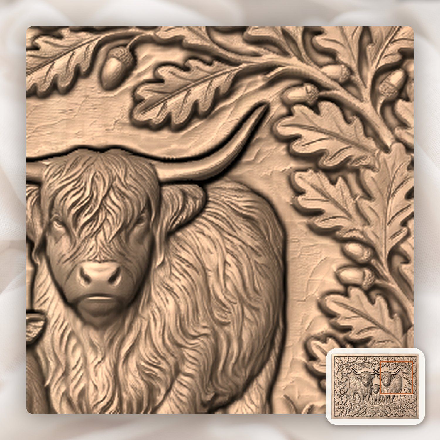 Highland Cow Family Oak Border CNC Relief STL bas-relief STL — view 8