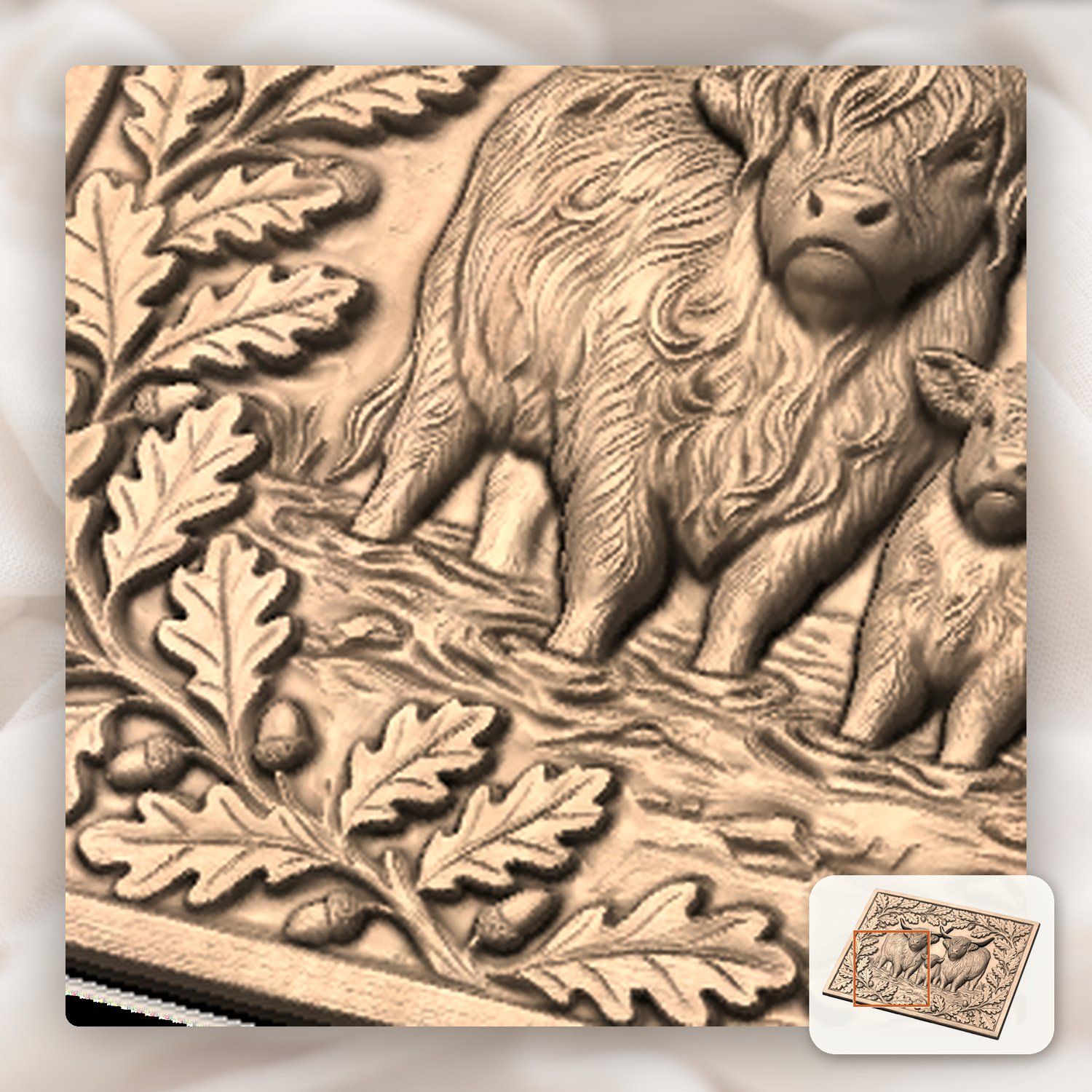 Highland Cow Family Oak Border CNC Relief STL bas-relief STL — view 9