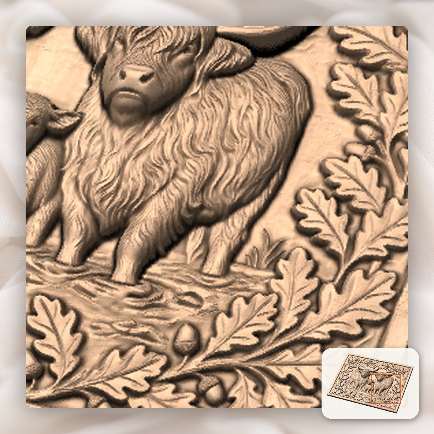 Highland Cow Family Oak Border CNC Relief STL bas-relief STL — view 10