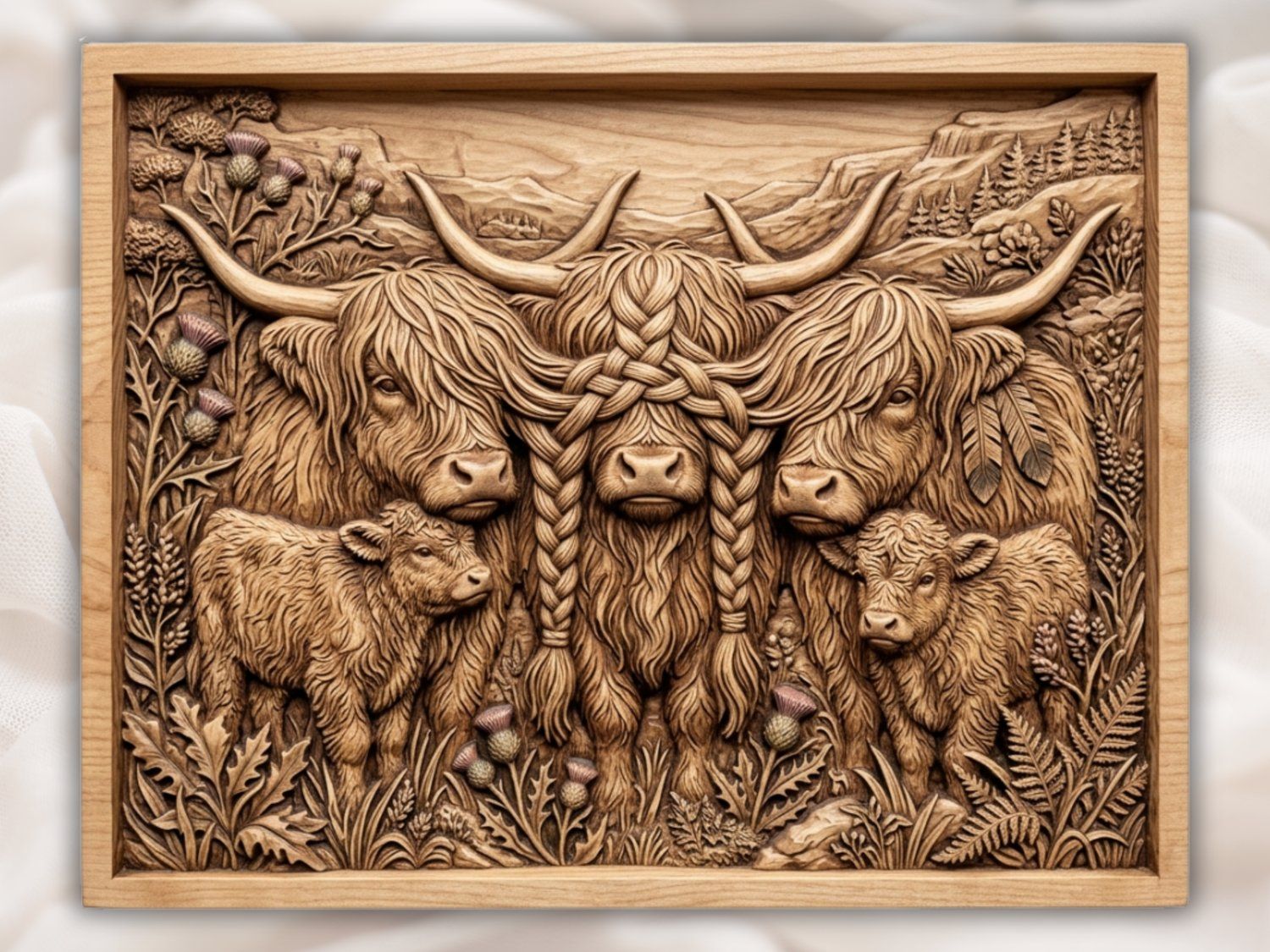 Highland Cow Family Thistle Scene CNC Relief STL | Rustic Farmhouse Wall Art Panel | Scottish Cattle Decor | Wood Carving Design — carved bas relief STL file for CNC