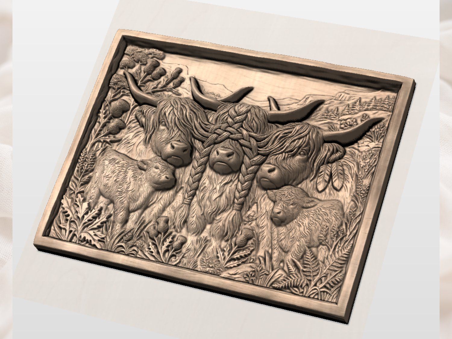 Highland Cow Family Thistle Scene CNC Relief STL bas-relief STL — view 2