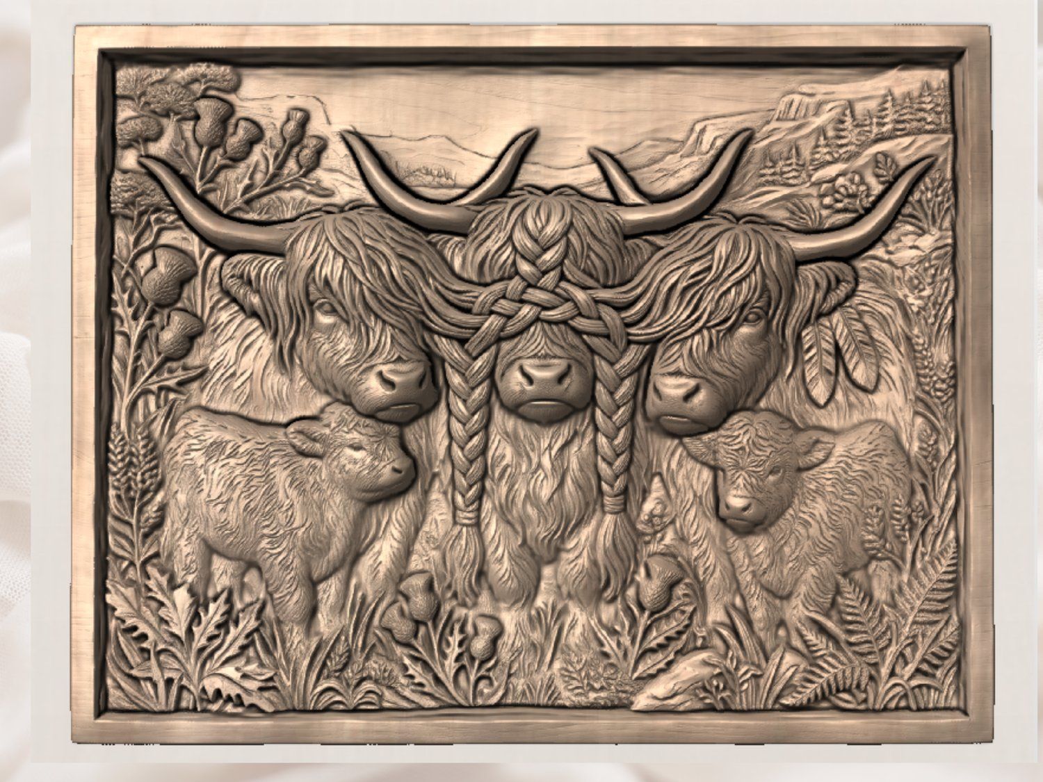 Highland Cow Family Thistle Scene CNC Relief STL bas-relief STL — view 3