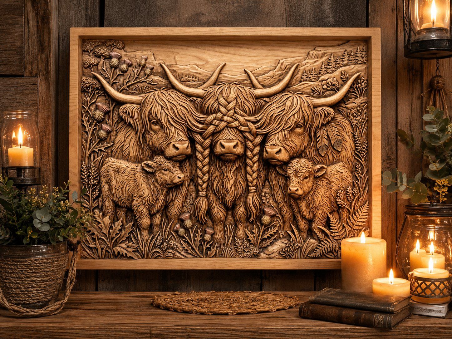 Highland Cow Family Thistle Scene CNC Relief STL bas-relief STL — view 4