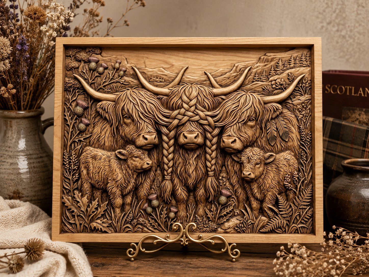 Highland Cow Family Thistle Scene CNC Relief STL bas-relief STL — view 5