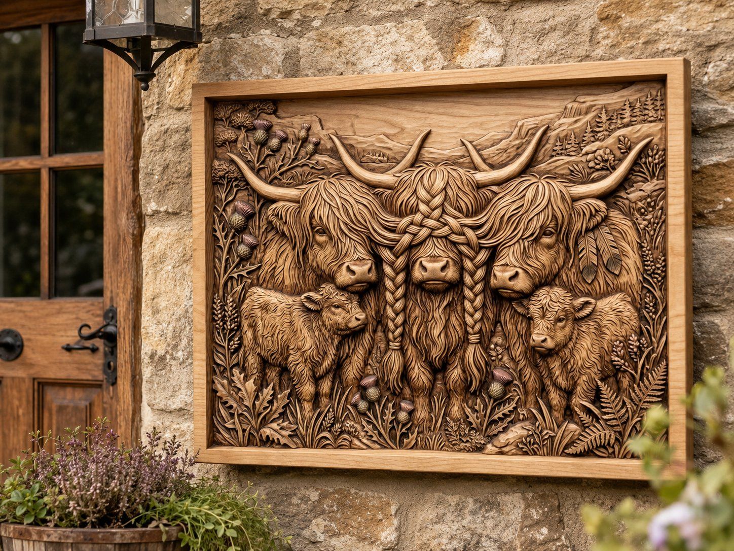 Highland Cow Family Thistle Scene CNC Relief STL bas-relief STL — view 6