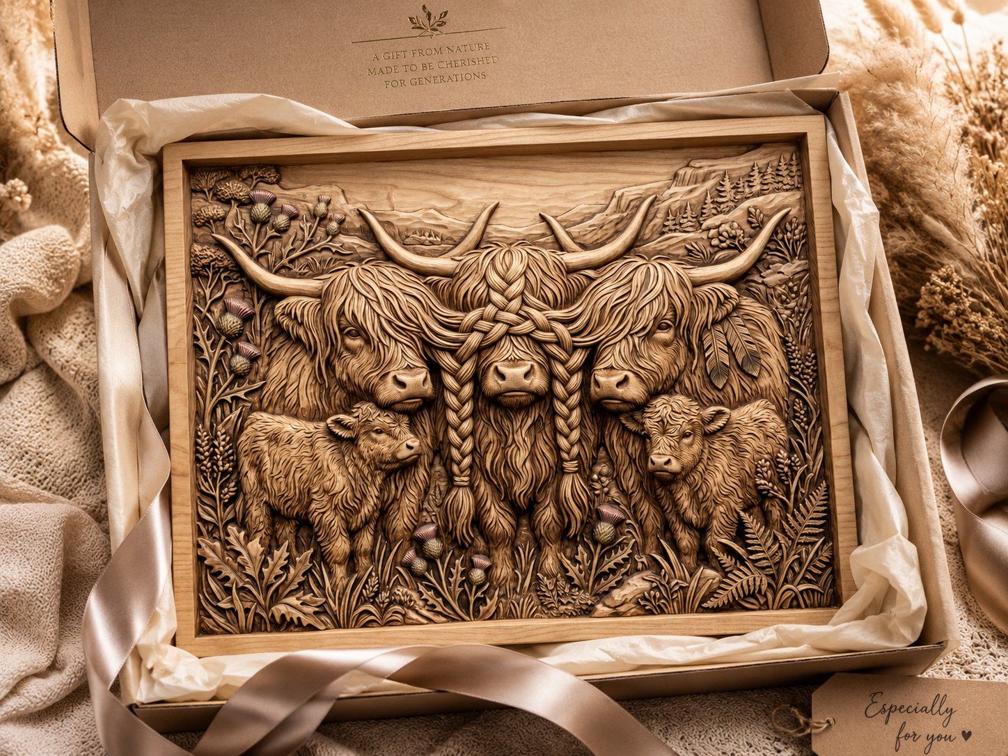 Highland Cow Family Thistle Scene CNC Relief STL bas-relief STL — view 7