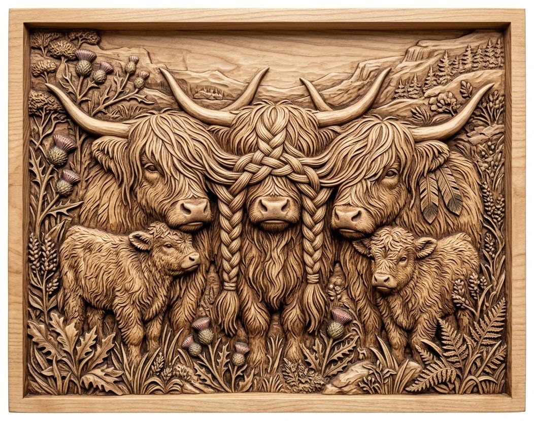 Highland Cow Family Thistle Scene CNC Relief STL bas-relief STL — view 9