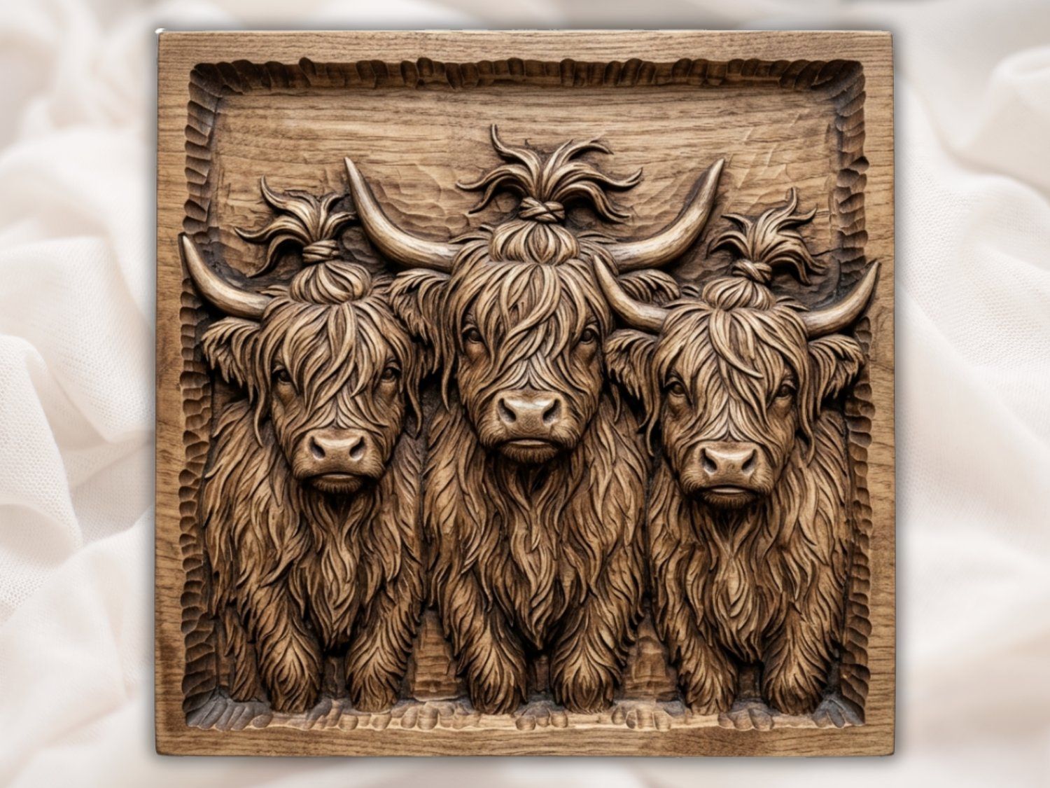 Highland Cow Family Trio CNC Relief STL | Rustic Farmhouse Wall Art Panel | Scottish Cattle Wood Carving Design | VCarve Aspire Carveco — carved bas relief STL file for CNC