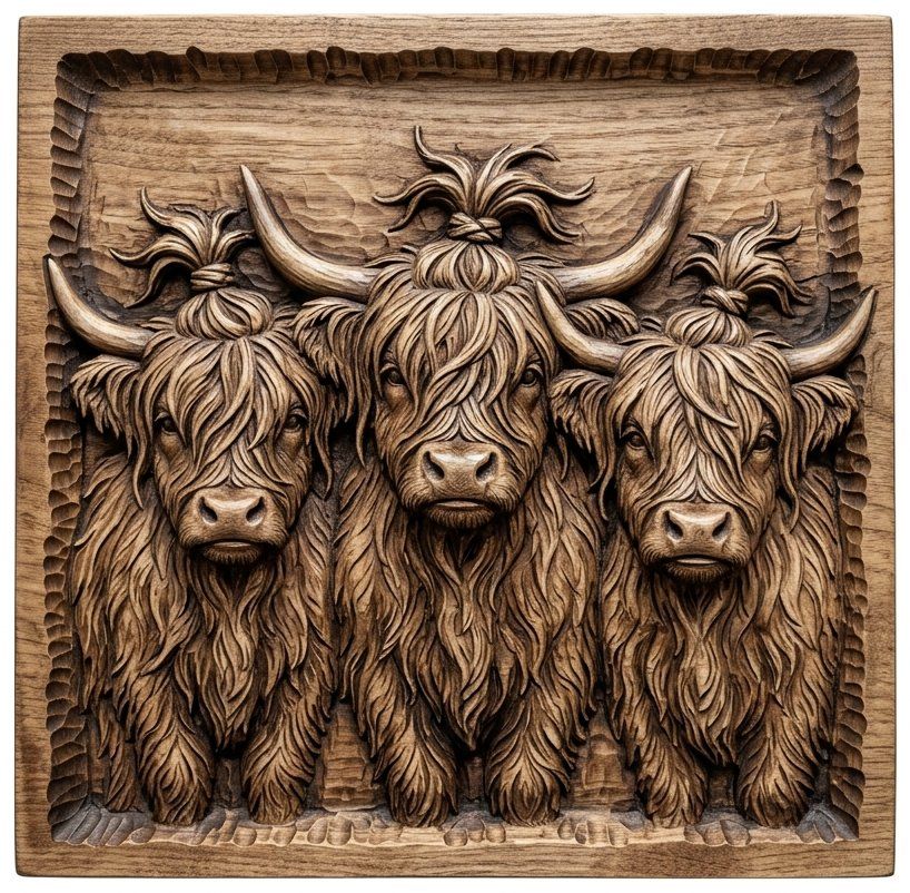 Highland Cow Family Trio CNC Relief STL bas-relief STL — view 9