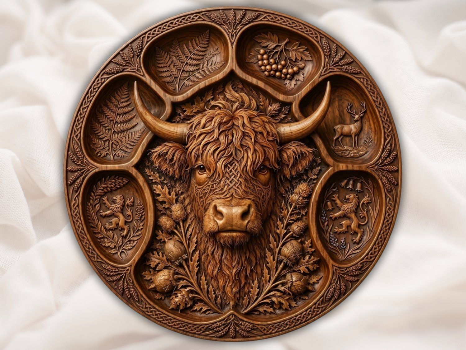 Highland Cow Heritage Celtic Knot CNC Relief STL | Scottish Thistle Wood Carving Design | Rustic Farmhouse Decor Wall Art Panel — carved bas relief STL file for CNC