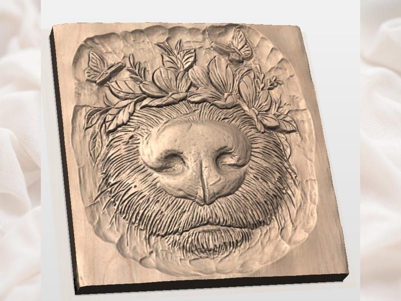 Bear Muzzle with Floral Crown and Butterflies Relief STL bas-relief STL — view 2