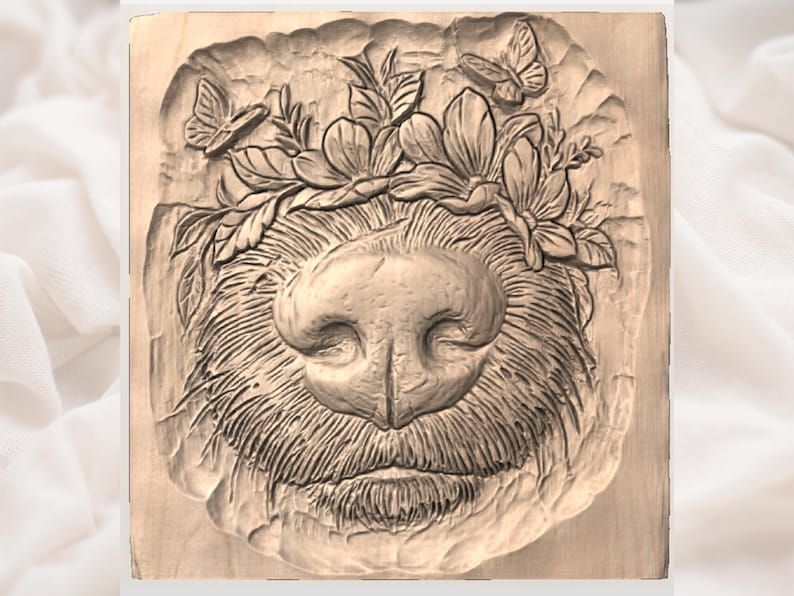 Bear Muzzle with Floral Crown and Butterflies Relief STL bas-relief STL — view 3