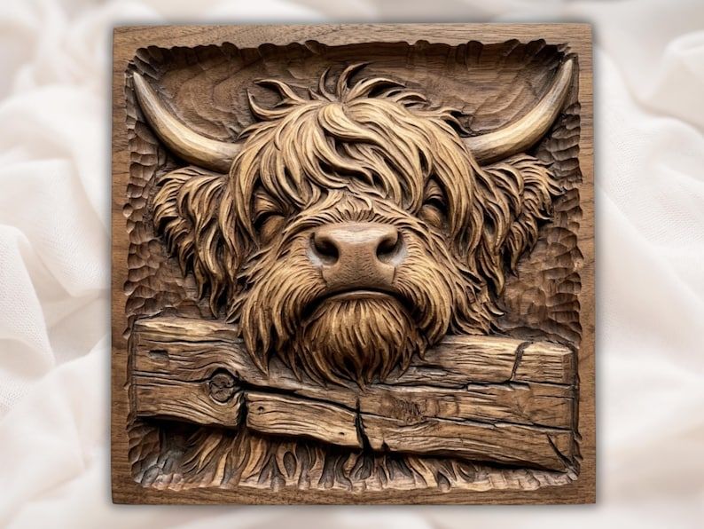 Carved wood bas-relief of a shaggy Highland cow with long horns peeking over a rustic fence.