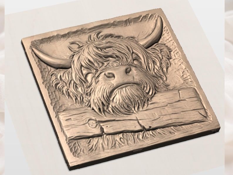 Highland Cow Peeking Over a Fence Bas-Relief STL bas-relief STL — view 2