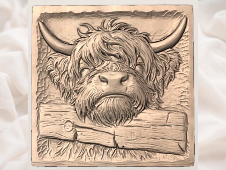 Highland Cow Peeking Over a Fence Bas-Relief STL bas-relief STL — view 3